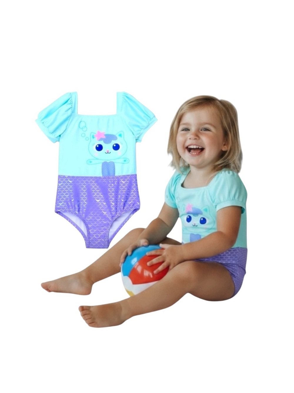 Gabby Dollhouse Aqua & Purple Mermaid Cat Kids One-Piece Swimsuit